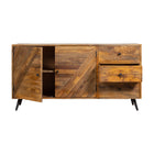 smal dressoir van mangohout met planken en lades in speels ontwerp 145 cm breed