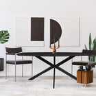 zwarte eettafel deens ovaal met dun mangohouten blad en metalen spinpoot 220 cm breed