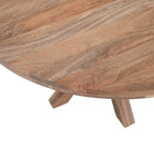 Lichtbruine ronde eettafel van mangohout closeup