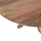 Lichtbruine ronde eettafel van mangohout closeup