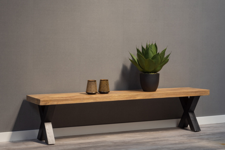 Mangohouten eetkamerbank Cedric X-poot 160x40 cm