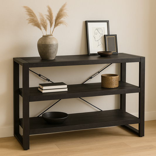 lage boekenkast van zwart mangohout 120 cm breed