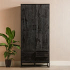 Zwarte wandkast van mangohout met lades 90 cm breed