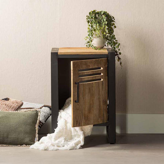 industrieel mangohouten nachtkastje locker