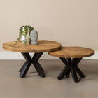 ronde salontafel van mangohout met metalen poot met diameter van 90 cm