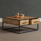 Vierkante salontafel van mangohout met lades aan beide zijdes 80x80 cm