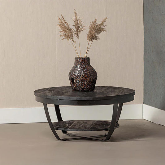 zwarte ronde salontafel van mangohout met plateau 90 cm breed