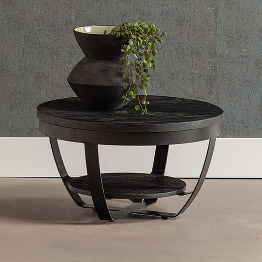 zwarte ronde salontafel van mangohout met metalen accenten 65 cm breed