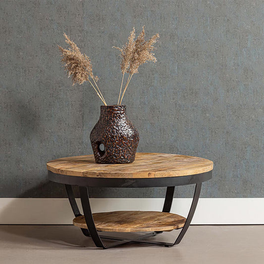 ronde salontafel van mangohout met plateau en metalen details 90 cm breed