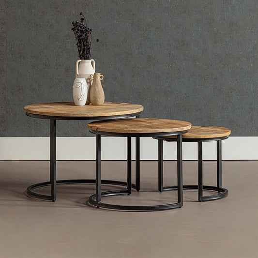 set van 3 ronde mangohouten salontafels