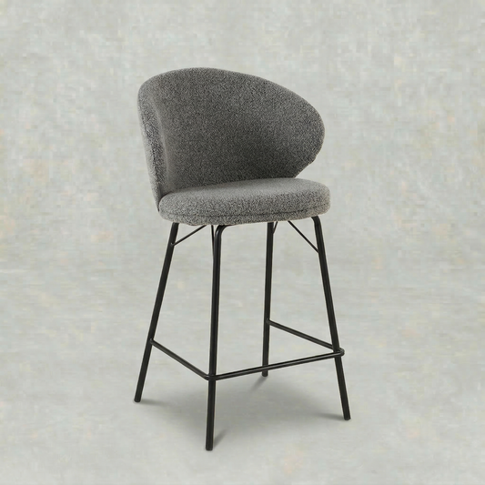 Boucle donkergrijze barkruk met zwart onderstel