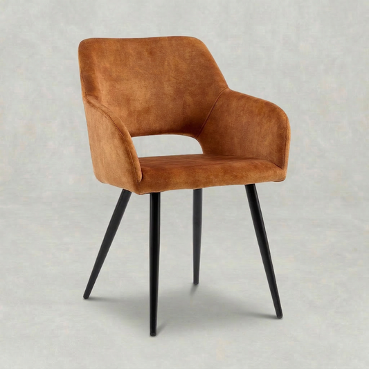 Fluweel cognac eetkamerstoel met zwart onderstel