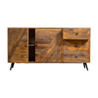 smal dressoir van mangohout met planken en lades in speels ontwerp 145 cm breed