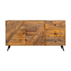 smal dressoir van mangohout met planken en lades in speels ontwerp 145 cm breed