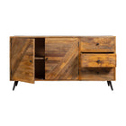 smal dressoir van mangohout met planken en lades in speels ontwerp 145 cm breed