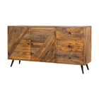 smal dressoir van mangohout met planken en lades in speels ontwerp 145 cm breed