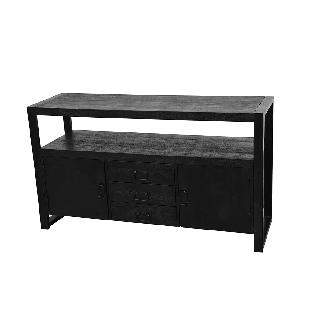 robuust dressoir zwart mangohout met deurtjes en lades 140 cm breed