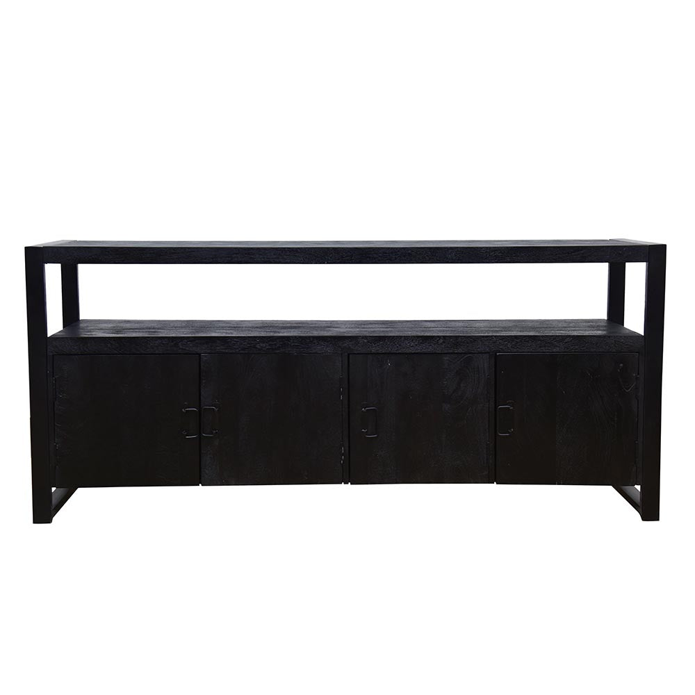 robuust zwart dressoir van mangohout met deurtjes 180 cm breed