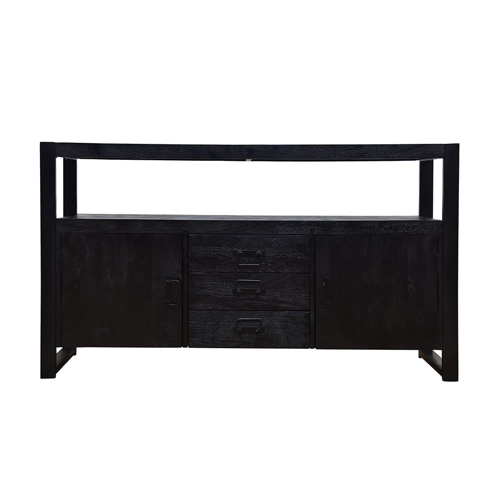 robuust dressoir zwart mangohout met deurtjes en lades 140 cm breed