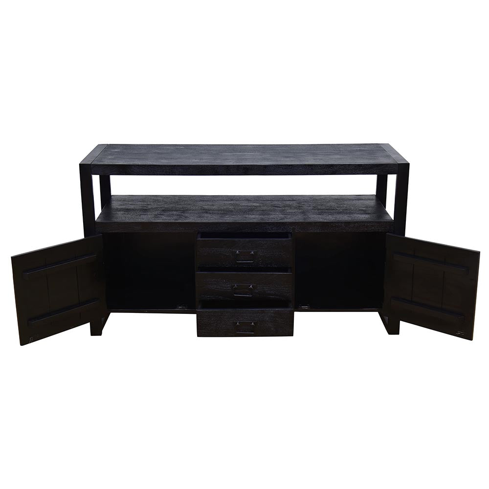robuust dressoir zwart mangohout met deurtjes en lades 140 cm breed