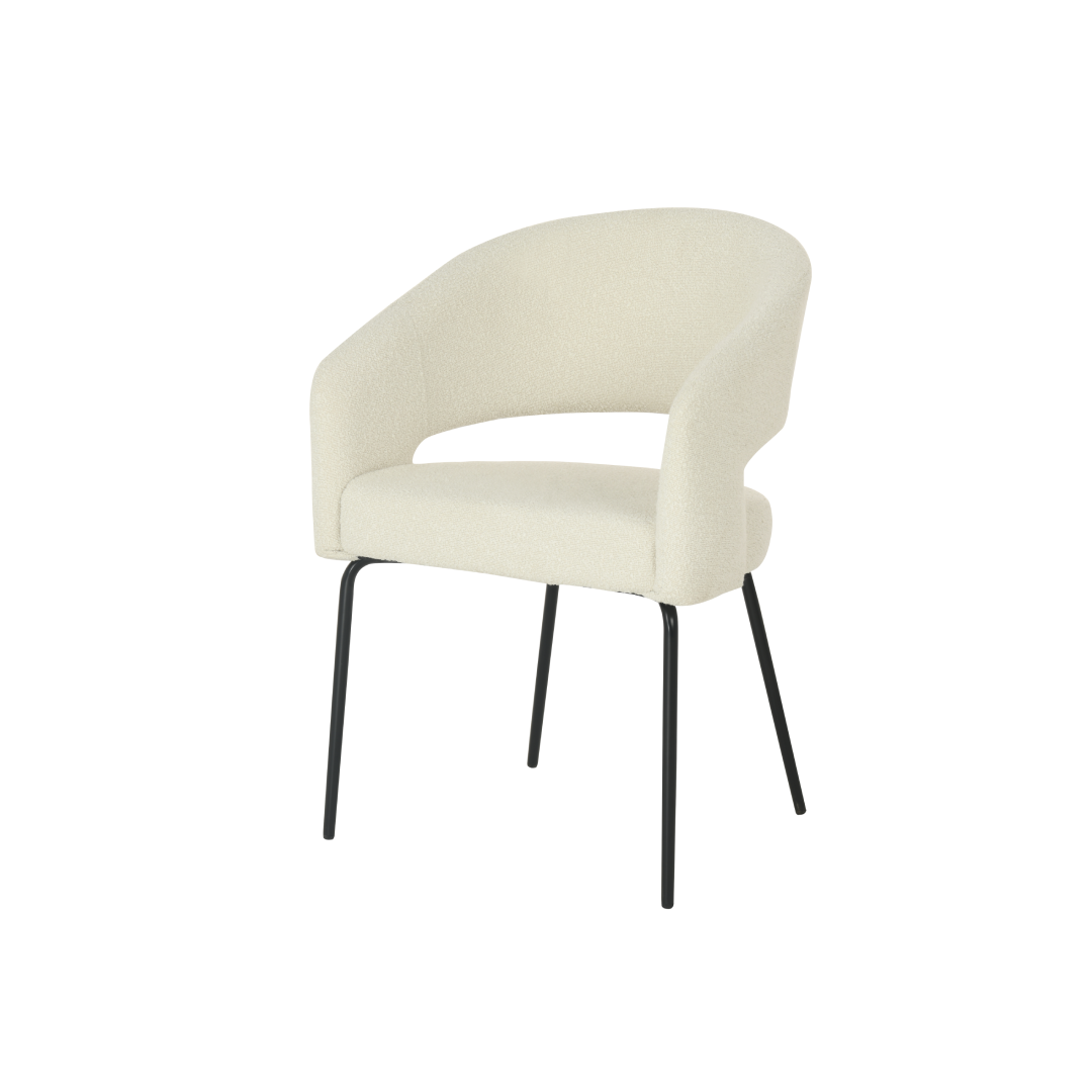 ronde eetkamerstoel wit boucle stof met open rug