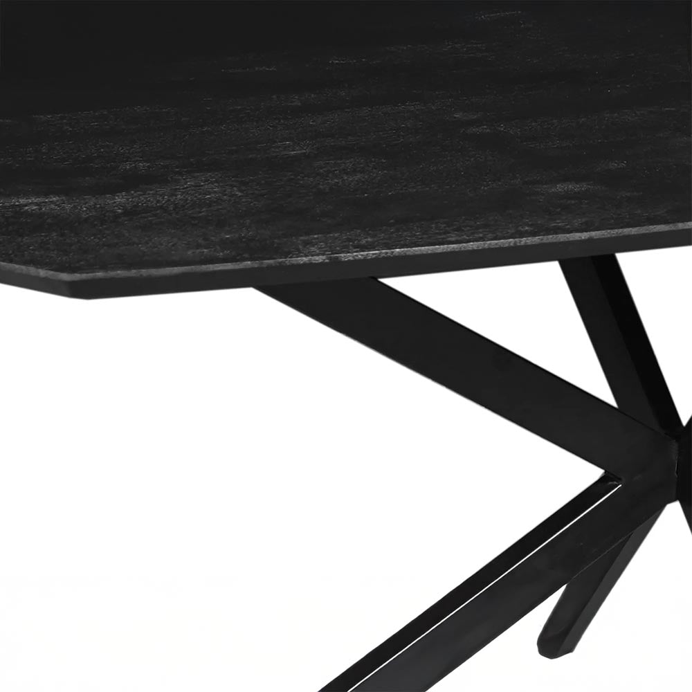 zwarte eettafel deens ovaal met dun mangohouten blad en metalen spinpoot 160 cm breed