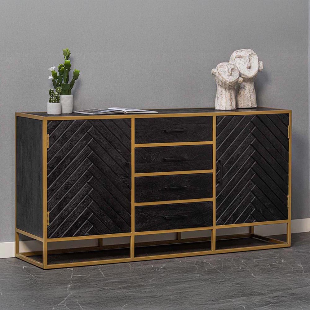 Zwart dressoir van mangohout met goud frame en planken en lades 210 cm breed