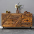 smal dressoir van mangohout met planken en lades in speels ontwerp 145 cm breed