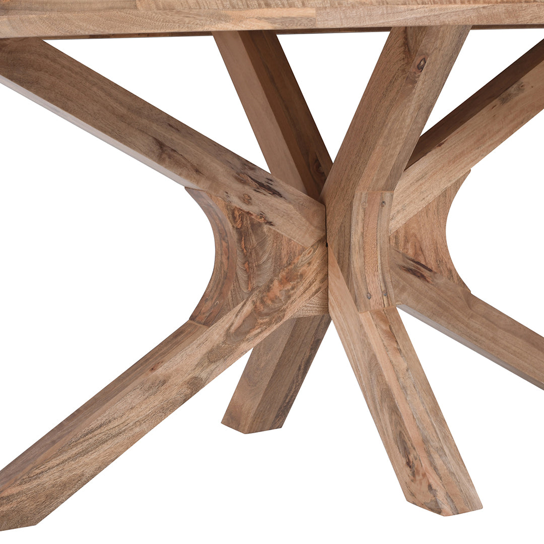 Lichtbruine ovale eettafel van mangohout met houten onderstel