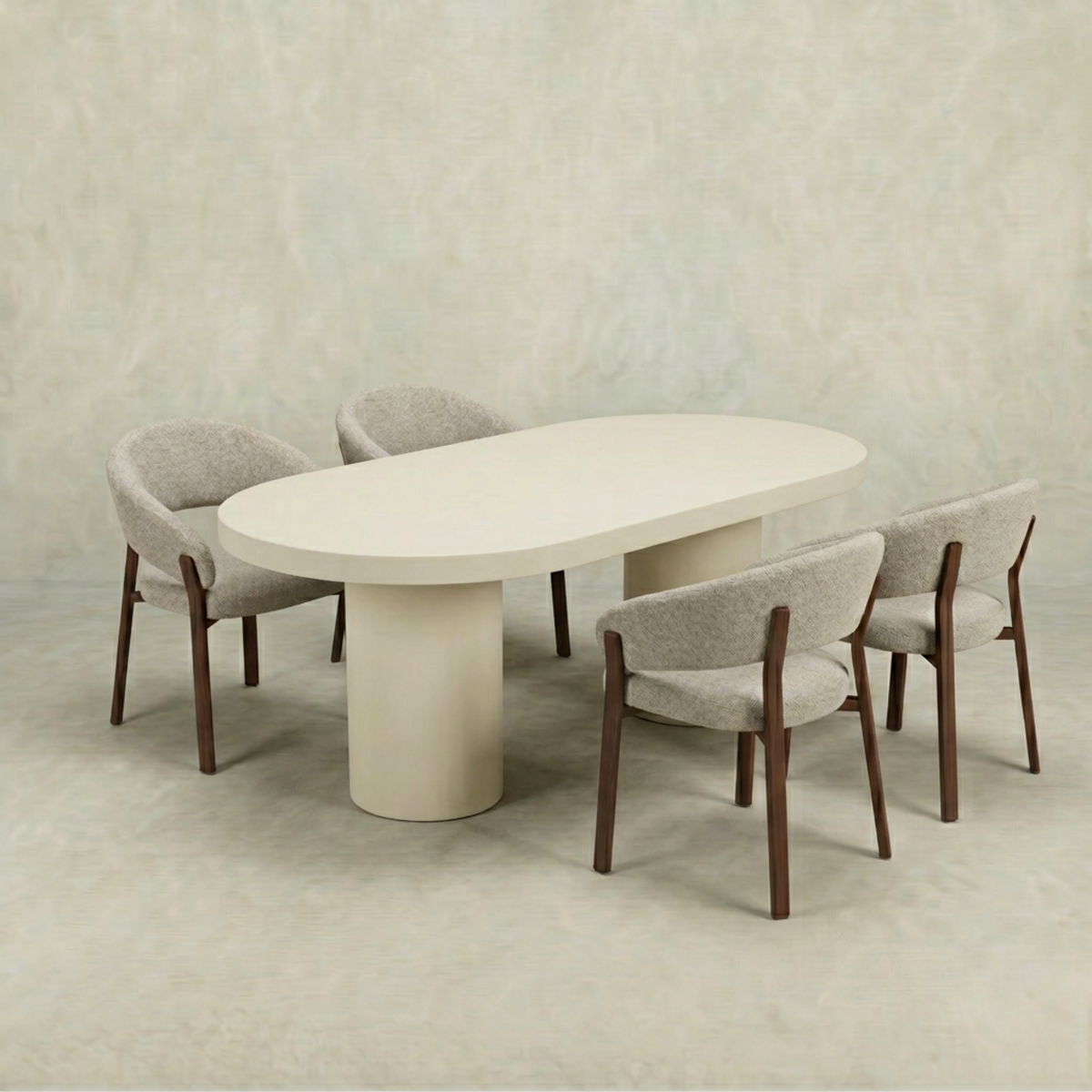 Witte capsule eettafel van microcement met witte poten