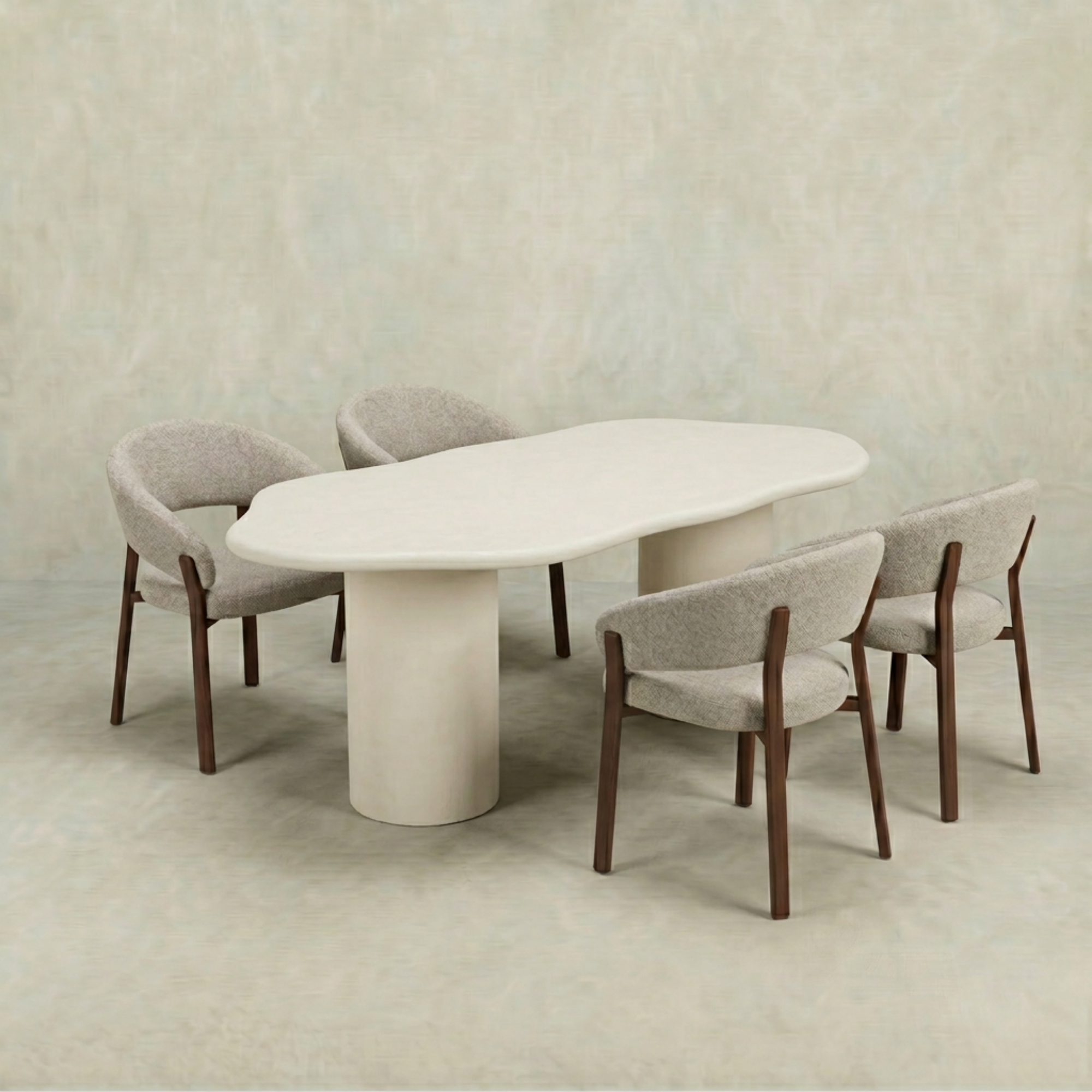 Witte organische eettafel van microcement met witte poten