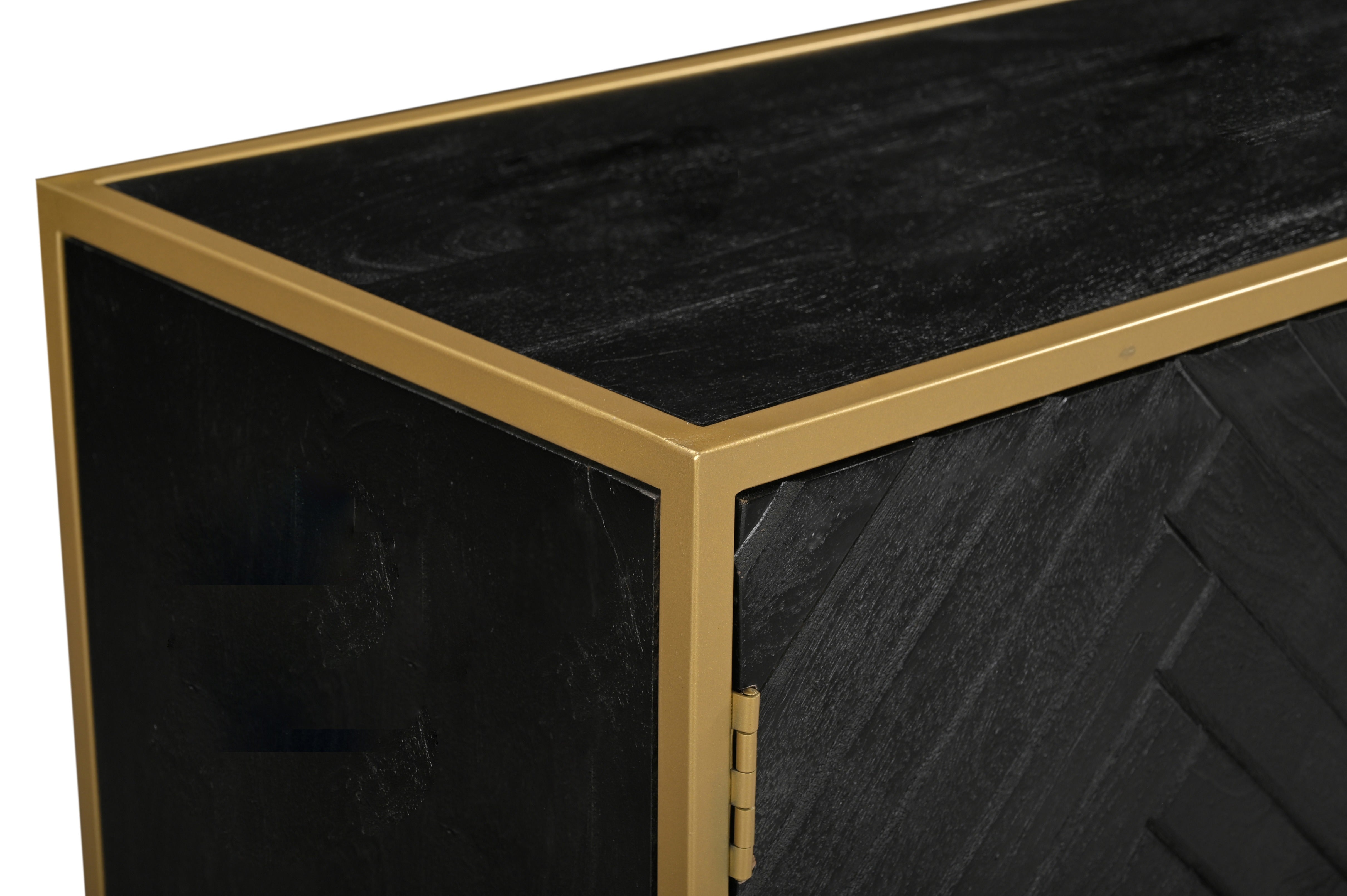 zwart dressoir van mangohout met goud frame en visgraat 165 cm breed
