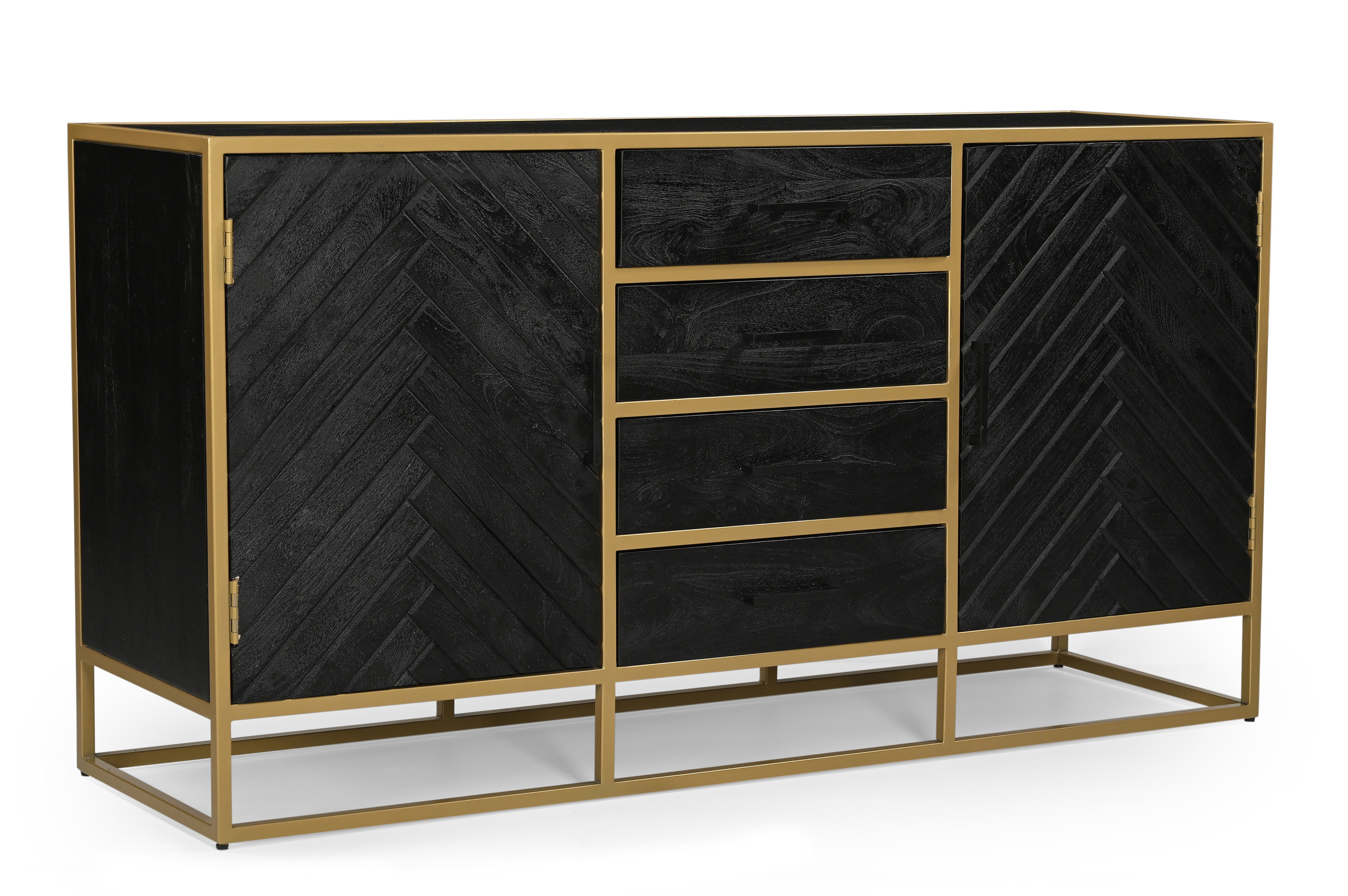 zwart dressoir van mangohout met goud frame en visgraat 165 cm breed