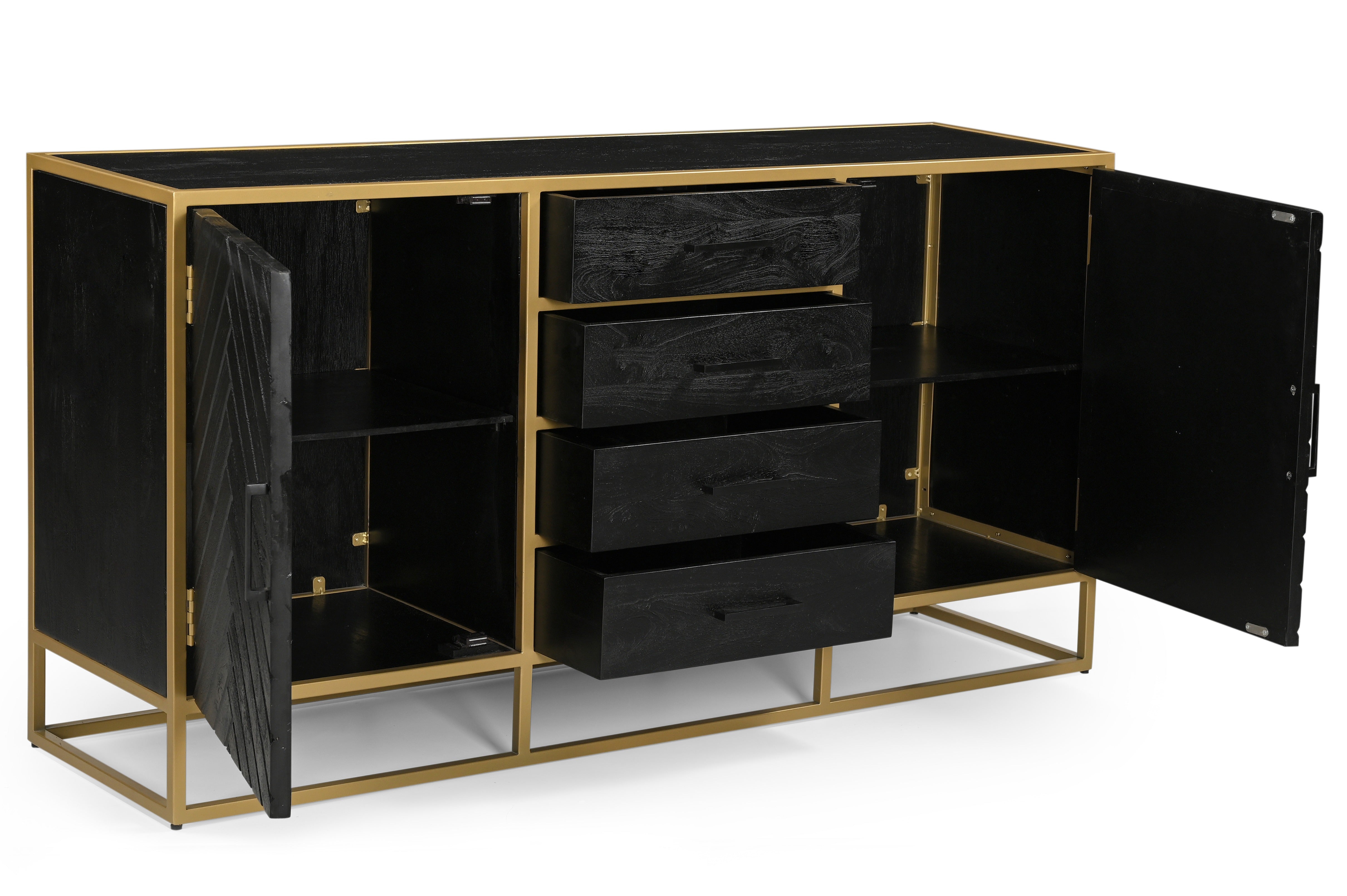 zwart dressoir van mangohout met goud frame en visgraat 165 cm breed