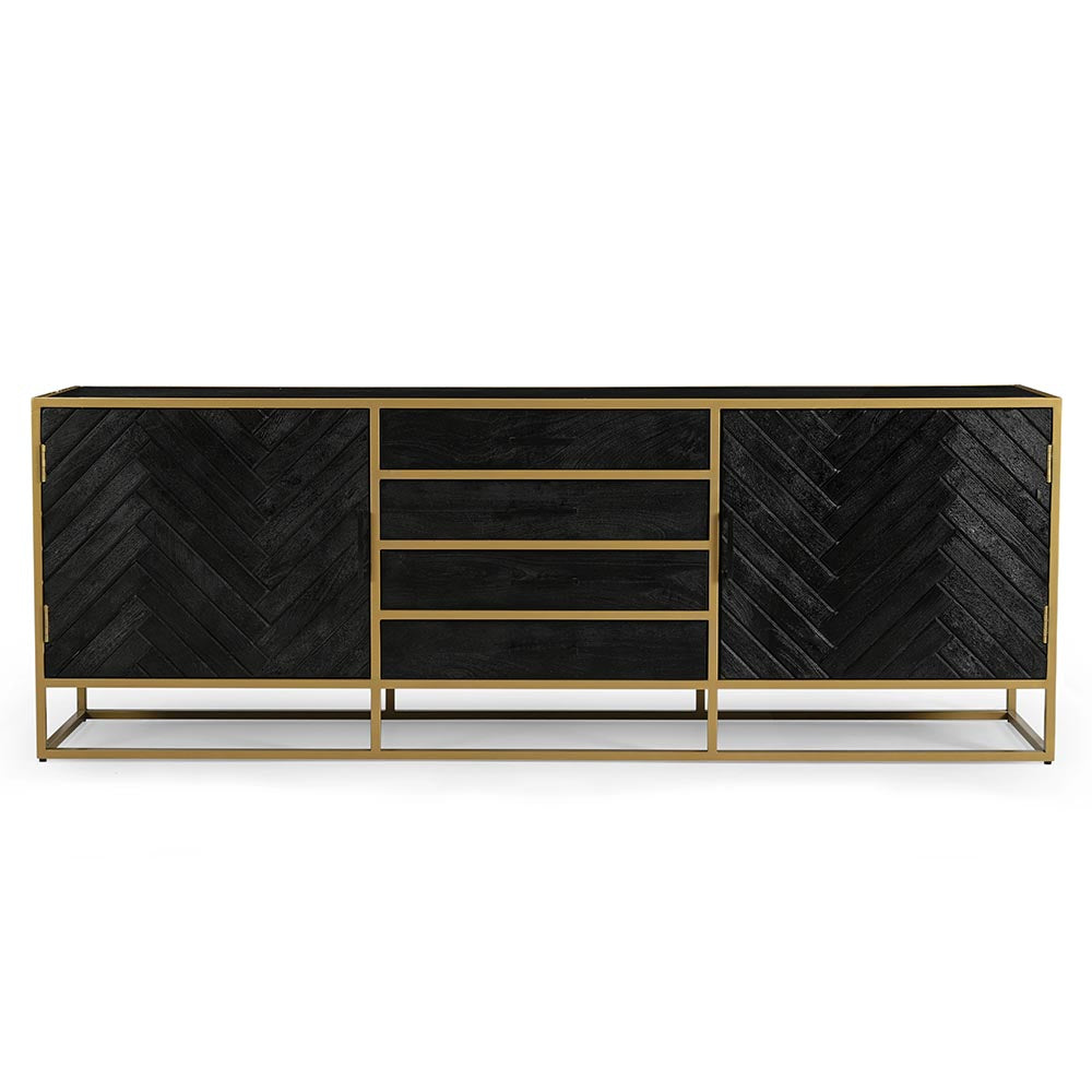zwart dressoir van mangohout met goud frame en planken en lades 210 cm breed
