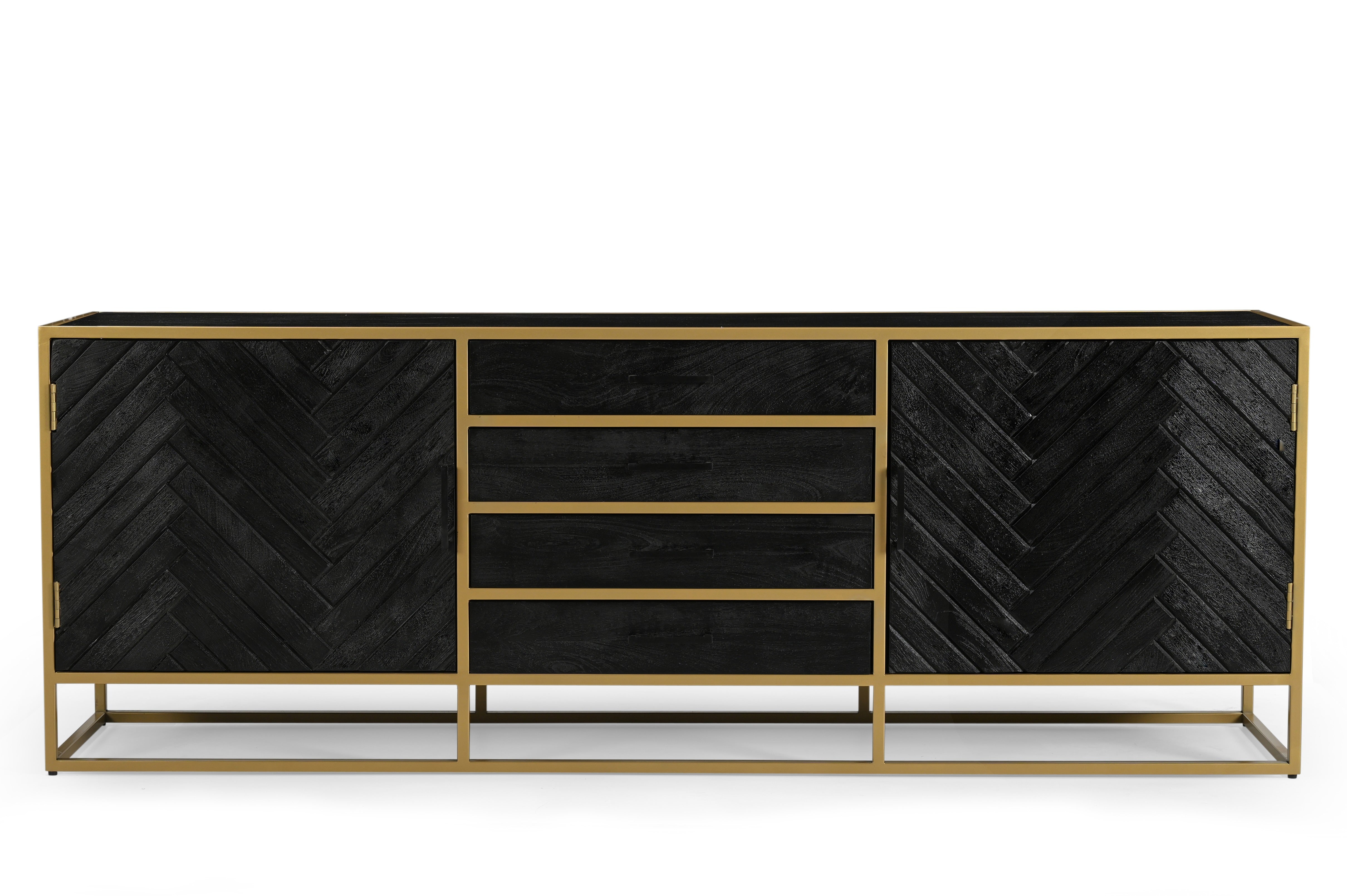 zwart dressoir van mangohout met goud frame en planken en lades 210 cm breed