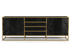 zwart dressoir van mangohout met goud frame en planken en lades 210 cm breed