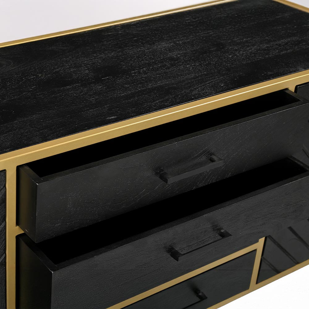 zwart dressoir van mangohout met goud frame en planken en lades 210 cm breed