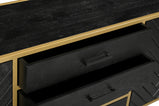 zwart dressoir van mangohout met goud frame en planken en lades 210 cm breed