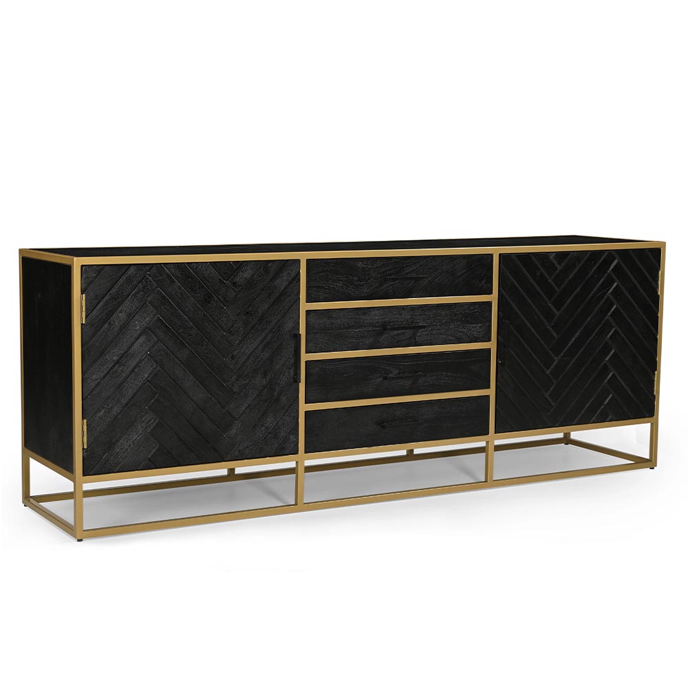 zwart dressoir van mangohout met goud frame en planken en lades 210 cm breed