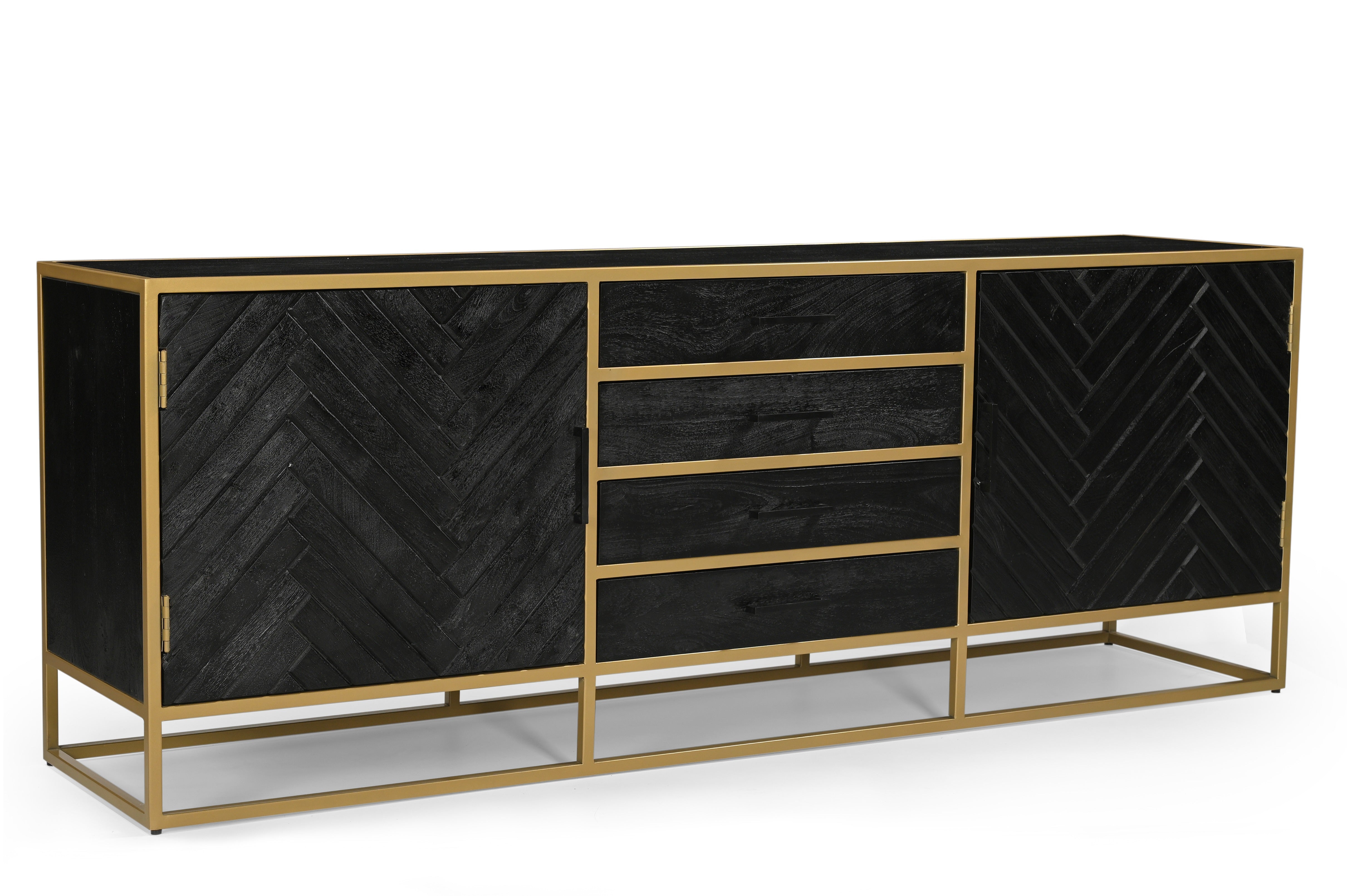 zwart dressoir van mangohout met goud frame en planken en lades 210 cm breed