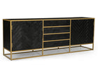 zwart dressoir van mangohout met goud frame en planken en lades 210 cm breed