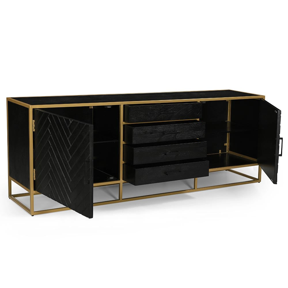 zwart dressoir van mangohout met goud frame en planken en lades 210 cm breed