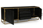zwart dressoir van mangohout met goud frame en planken en lades 210 cm breed