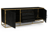 zwart dressoir van mangohout met goud frame en planken en lades 210 cm breed
