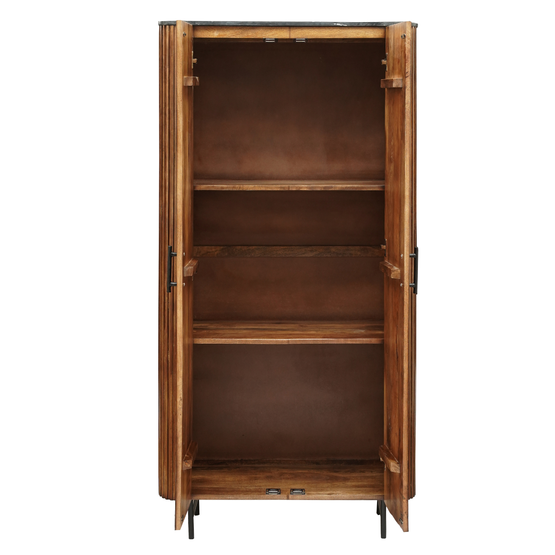 smalle kast met afgeronde hoeken en latjes van mangohout 90 cm breed