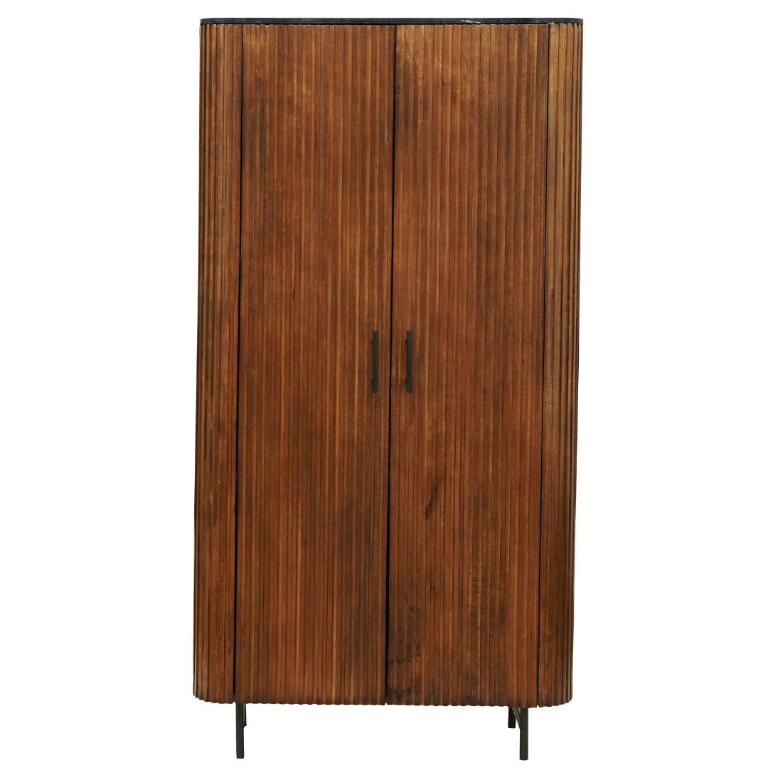 smalle kast met afgeronde hoeken en latjes van mangohout 90 cm breed