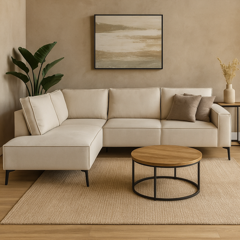 Beige hoekbank met zwarte stalen poten. 