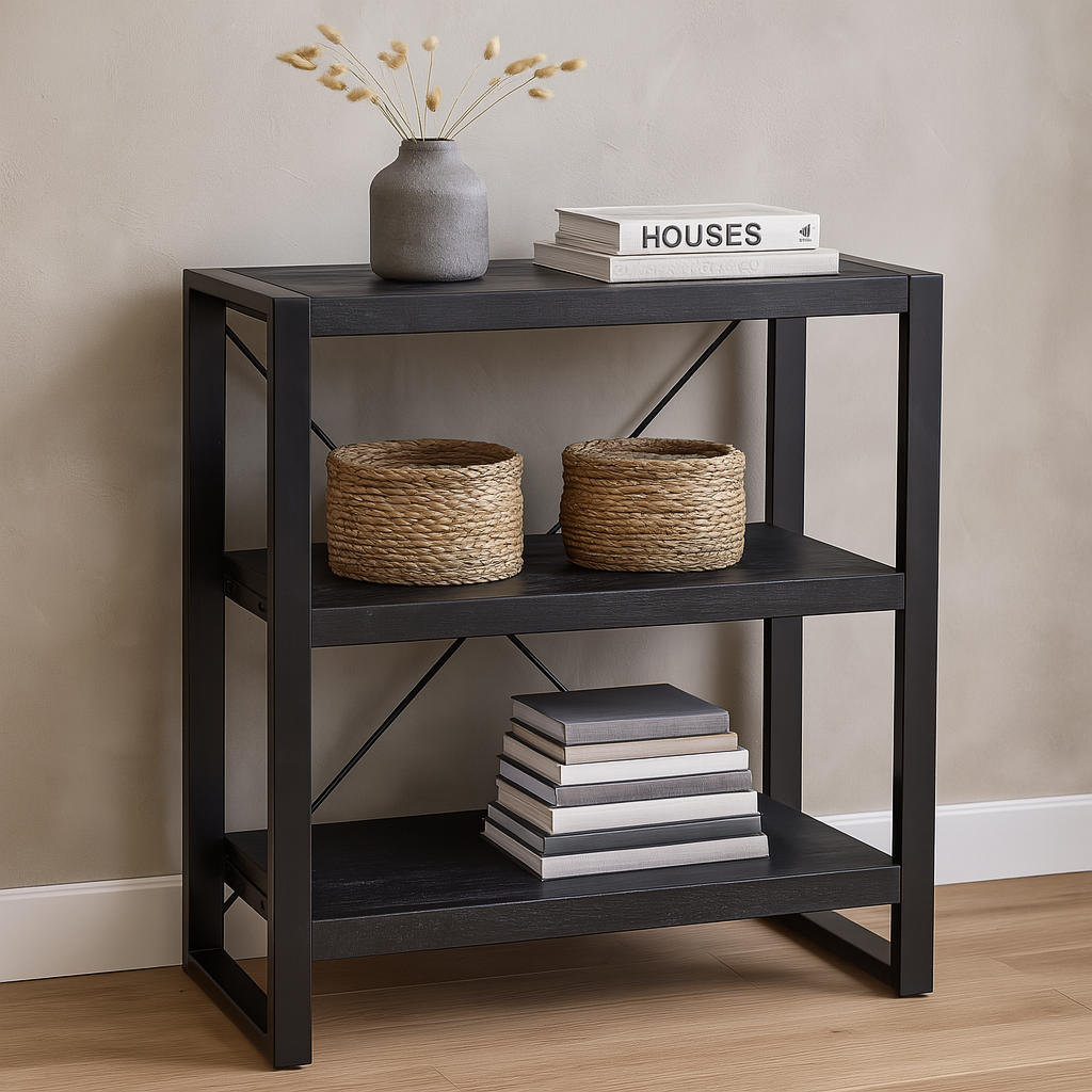 Kleine, smalle, lage boekenkast van zwart mangohout 90 cm breed