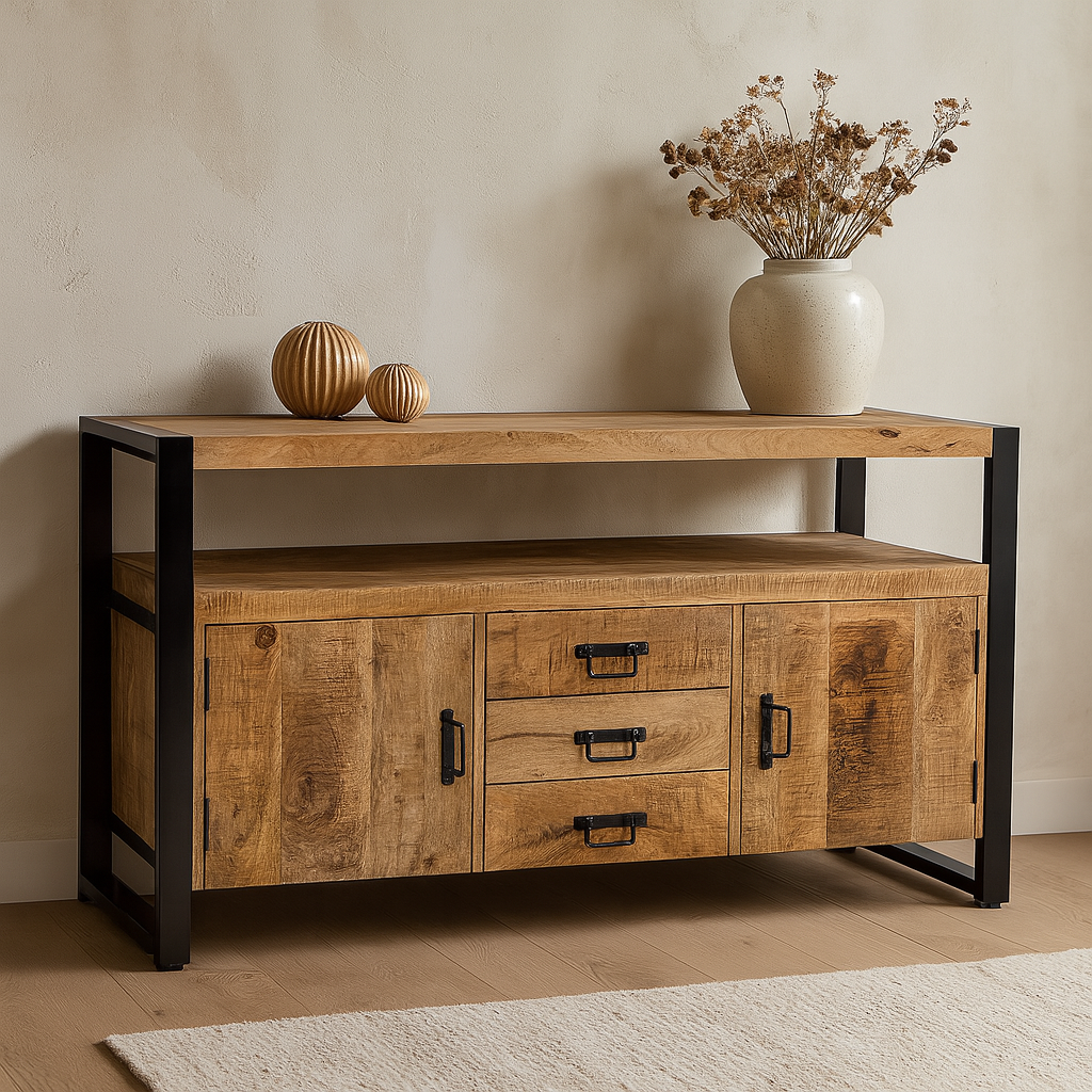 Mangohouten Dressoir Britt 140 cm 2 deuren 3 lades